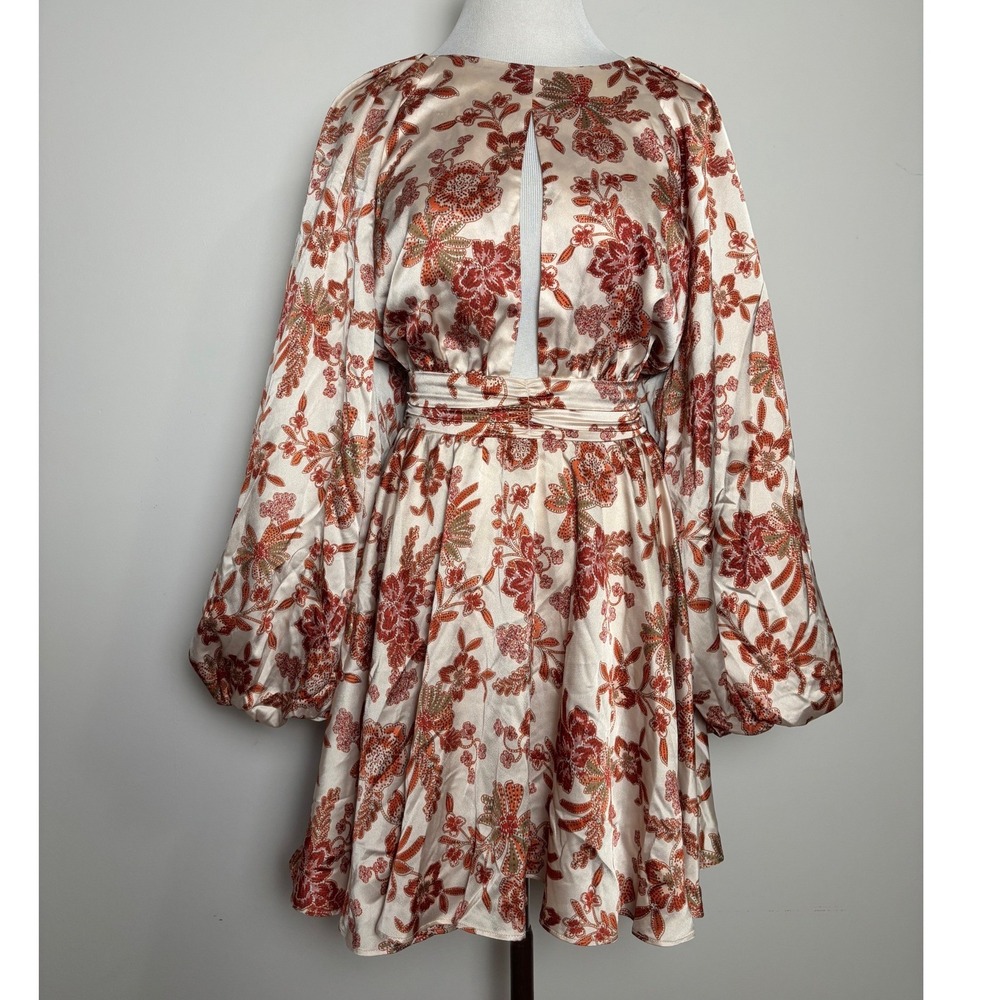 MISA Los Angeles Mini Dress XS Earthy Floral Satin Long Balloon Sleeve Cut Out